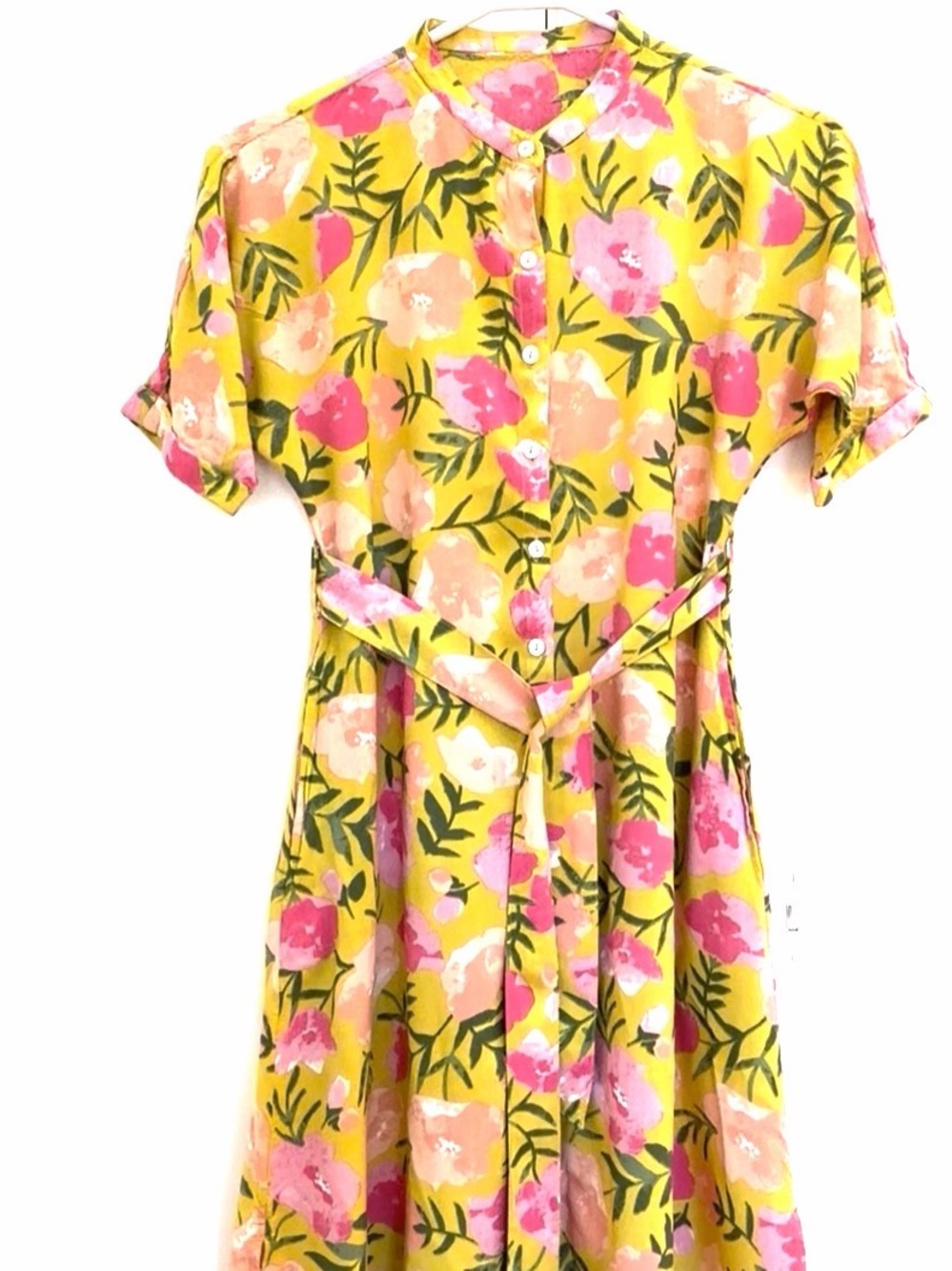 Yellow Floral Button-Front Belted Shirt Dress